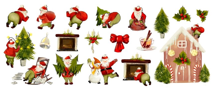 Santa Claus and Christmas symbols big set.
Set of funny cartoon Santa with different emotions and situations.