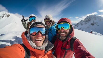 Fototapeta na wymiar Group of friends taking selfie hiking in snowy mountains with clear sky, generative AI.