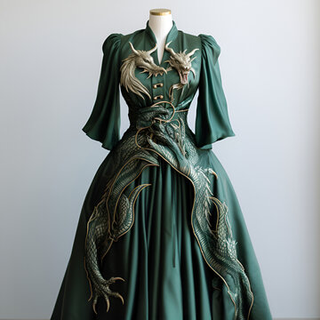 green dress with a dragon on a mannequin. Generative AI