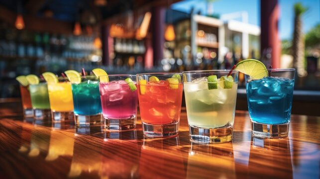 Shot of cocktail on bar with colorful drinks.