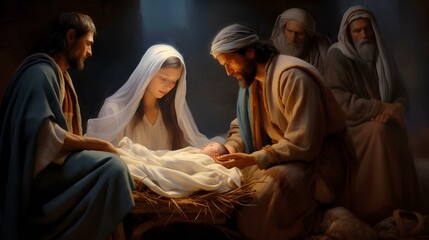 The Nativity of Christ, Joseph and Mary at the cradle of the infant Jesus Christ and the three magi. - obrazy, fototapety, plakaty