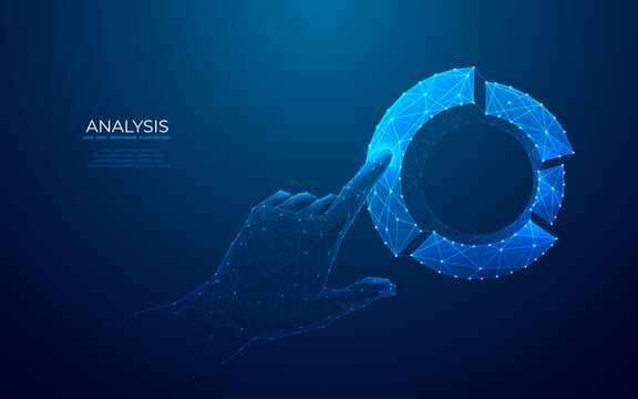 Abstract hand touching on pie chart in technology blue colors on dark blue background. Business analysis concept. Low poly wireframe vector illustration in futuristic hologram style.