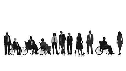 Silhouettes of diverse businesspeople standing, men and women full length, disabled persons sitting in wheelchairs. illustration isolated on transparent background, PNG file - obrazy, fototapety, plakaty