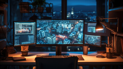 Fototapeta premium Modern office desk with computer monitor and chart data.