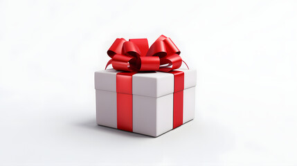 A white gift with a red ribbon and a bow on the solid white background 