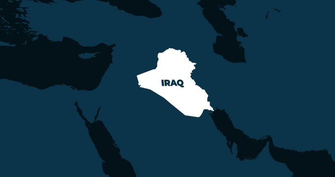World Map Zoom In To Iraq. Animation in 4K Video. White Iraq Territory On Dark Blue World Map