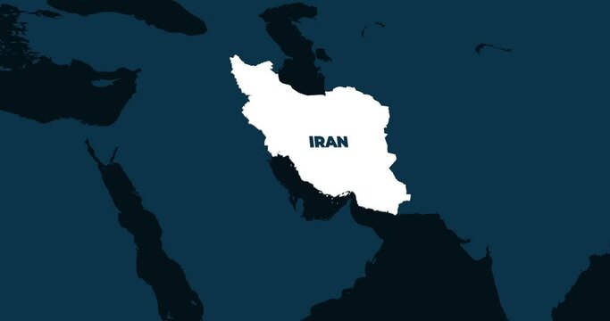 World Map Zoom In To Iran. Animation in 4K Video. White Iran Territory On Dark Blue World Map