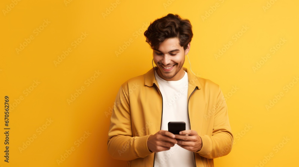 Wall mural smiling handsome young man browsing social media on mobile phone while standing on yellow background