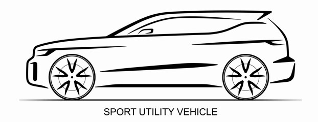All-road car silhouette isolated on white background. Side view of the Sport-utility vehicle or crossover. Line art design template. Vector illustration.