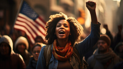 Fototapeta premium Protesters, African woman shouting and gesturing while taking part protest for equal rights.