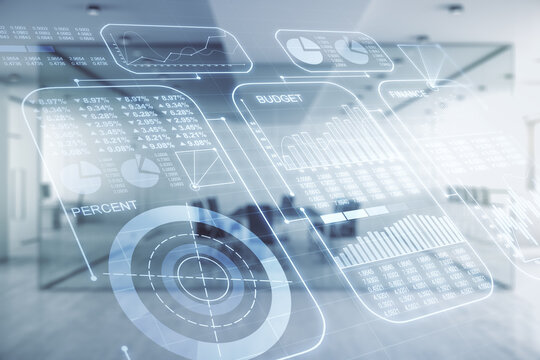 Multi exposure of abstract statistics data hologram interface on a modern furnished office interior background, computing and analytics concept - Powered by Adobe