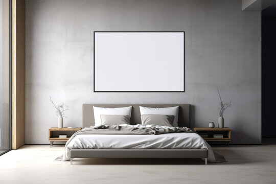 Mock up image with clean sheet for your photo. Nice and cozy bedroom in minimalistic style.