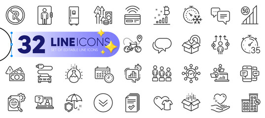 Outline set of Equality, Car charge and Contactless payment line icons for web with Teamwork, Scroll down, Timer thin icon. Refrigerator, Elevator, Faq pictogram icon. Fraud. Vector