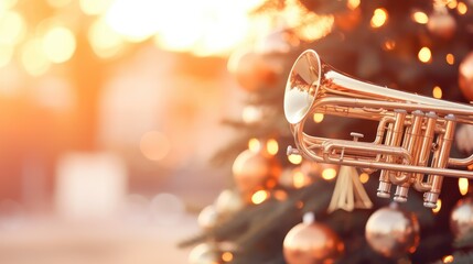 a close up of a trumpet in front of a christmas tree with gold baubles and lights in the background.  generative ai - obrazy, fototapety, plakaty