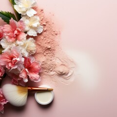 Obraz na płótnie Canvas Feminine Make-Up Composition: Lipstick, Mascara, and Blusher on Luxurious Background