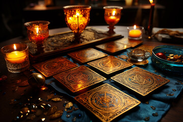 tarot cards among candlelight. fortune divination - obrazy, fototapety, plakaty