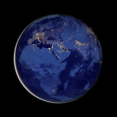 Global view of planet earth with lights seen at night, energy and electricity saving concept