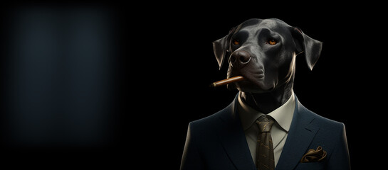 Portrait of a dog in a suit with a cigar in his mouth