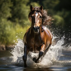 Fototapeta premium Breathtaking Scene of Horses Crossing Pond in Harmonious Beauty and Grace