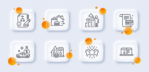 Cash transit, Web lectures and Star line icons pack. 3d glass buttons with blurred circles. Food delivery, Employee results, Fuel price web icon. Algorithm, Payment card pictogram. Vector