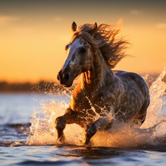 Horses Running Free Across Wilderness Pond Splashing Vitality