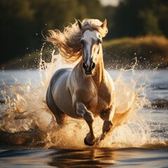 Majestic Stallion Galloping Through River Water Exuding Freedom and Strength