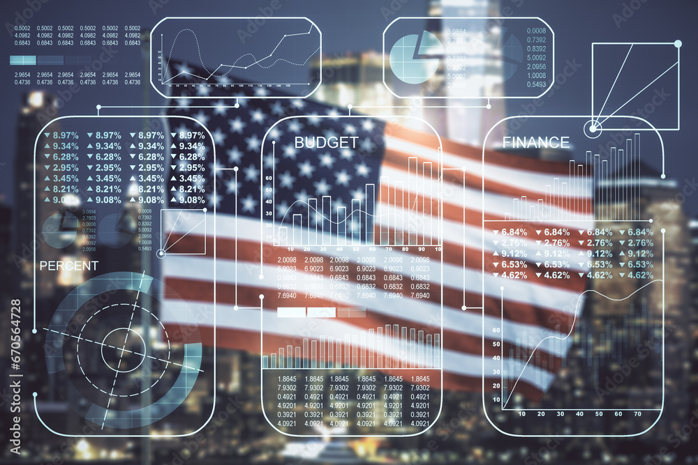 Poster Multi exposure of stats data illustration on USA flag and blurry cityscape background, computing and analytics concept