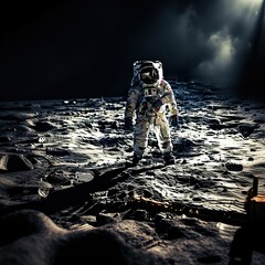 Astronaut walking across Craters on the Moon Space Exploration Concept