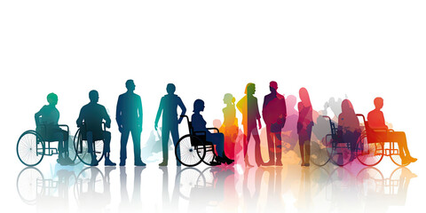 Silhouettes of diverse business people standing, men and women full length, disabled person sitting in wheelchair. Inclusive business concept. illustration isolated on transparent background - obrazy, fototapety, plakaty