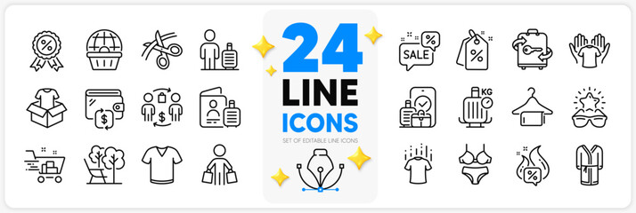 Icons set of Clothing, Wallet and Scissors line icons pack for app with Bathrobe, Luggage, Buying process thin outline icon. Hot offer, Baggage, Shopping cart pictogram. Best glasses. Vector
