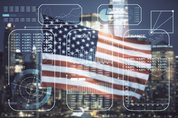 Multi exposure of stats data illustration on USA flag and blurry cityscape background, computing and analytics concept