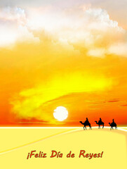 Reyes Magos, ilustración, sol, atardecer, siluetas, camellos, navidad