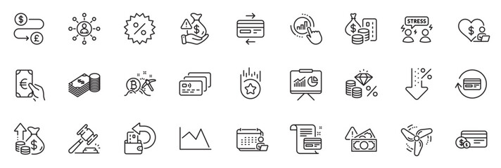 Fototapeta na wymiar Icons pack as Finance, Difficult stress and Card line icons for app include Low percent, Volunteer, Accounting outline thin icon web set. Bitcoin mining, Presentation, Money transfer pictogram. Vector