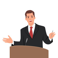 Businessman or politician speaking at the podium. Flat vector illustration isolated on white background - obrazy, fototapety, plakaty