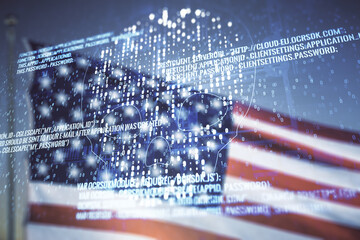 Abstract virtual code skull illustration on US flag and blue sky background. Hacking and phishing...