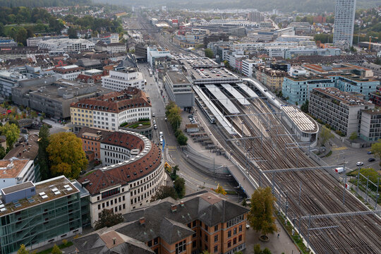 Aerial view of train station, Winterthur, Zurich, Switzerland