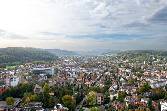 Aerial cityscape view of Seen and Gruze districts with mountain backdrop, Winterthur, Zurich, Switzerland