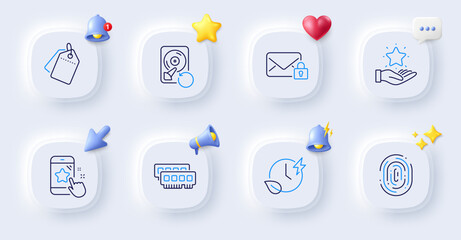 Ram, Fingerprint and Loyalty program line icons. Buttons with 3d bell, chat speech, cursor. Pack of Recovery hdd, Sale tags, Charging time icon. Secure mail, Star rating pictogram. Vector