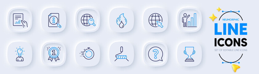 Flammable fuel, Question mark and Education line icons for web app. Pack of Paint roller, Award cup, Internet pictogram icons. Fast recovery, Internet search, Graph chart signs. Reward. Vector