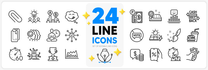 Icons set of Ab testing, Puzzle options and Paper clip line icons pack for app with Parking payment, Security lock, Mattress guarantee thin outline icon. Solar panels, Employees teamwork. Vector