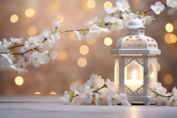 White flowers, prunus tree blossoms and glowing silver decorative Moroccan lantern on the table background with golden bokeh lights. Iftar dinner. Ramadan Kareem greeting card, invitation