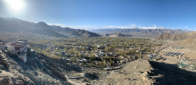 Aerial panorama of Leh, Ladakh, Indian Himalayas, India
