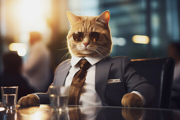 Photo of businessman cat in suit at the office - obrazy, fototapety, plakaty