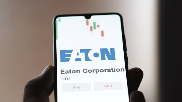 November 01st 2023 Dublin, Ireland. The logo of Eaton Corporation on the screen of an exchange. Eaton Corporation price stocks, $ETN on a device.