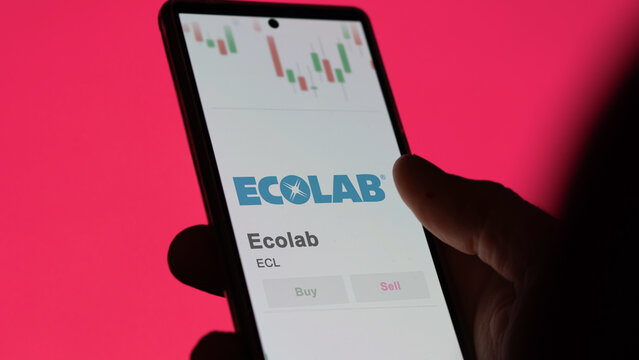 November 01st 2023 Saint Paul, Minnesota. The logo of Ecolab on the screen of an exchange. Ecolab price stocks, $ECL on a device.