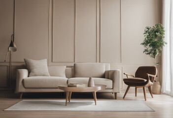 Beige contemporary minimalist interior with armchair, blank wall, coffee table and decor