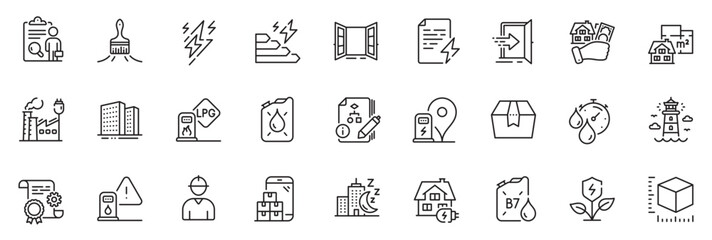 Icons pack as Algorithm, Home charging and Entrance line icons for app include Brush, Charging station, Lighthouse outline thin icon web set. Power certificate, Engineer, Buildings pictogram. Vector