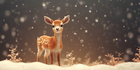 Charming Fawn in a Snowy Forest: A Whimsical Christmas-Themed Fantasy Illustration with Cozy Scarf. Generative AI