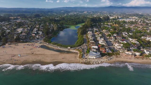 Colorful residential neighborhood Capitola Venetian Court in the California coast, USA. Aerial view of the colorful beach neighborhood in Capitola, California 