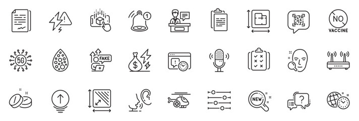 Fototapeta na wymiar Icons pack as Floor plan, Lightning bolt and Reminder line icons for app include Microphone, Medical tablet, Question mark outline thin icon web set. Medical helicopter. Vector